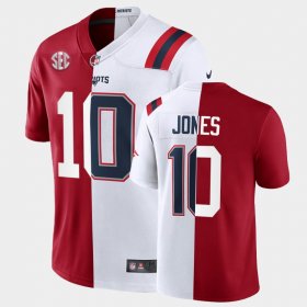 #10 Mac Jones Split Edition Alabama Crimson Tide X Patriots Commemorative Men Crimson White Jerseys 577259-352
