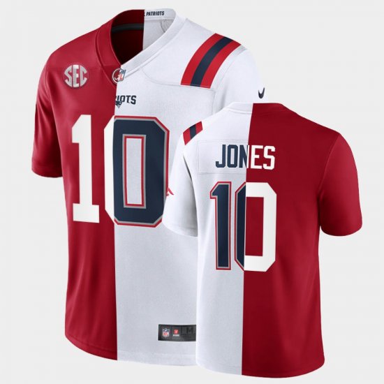 #10 Mac Jones Split Edition Alabama Crimson Tide X Patriots Commemorative Men Crimson White Jerseys 577259-352