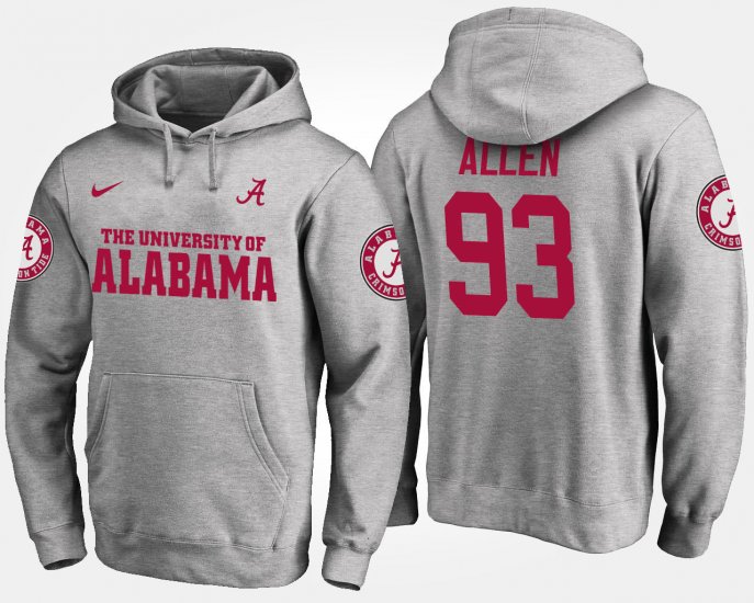 #93 Jonathan Allen Name and Number University of Alabama Mens Gray Hoodies 396931-486