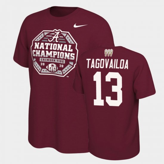#13 Tua Tagovailoa 2020 National Champions Bama 3X CFP Men\'s Crimson T-Shirt 729325-746