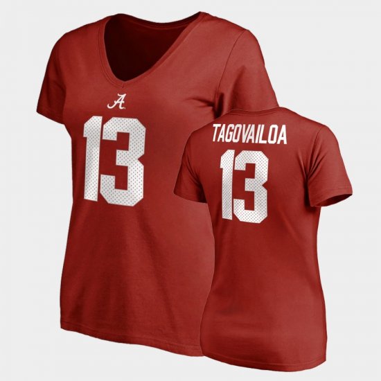 #13 Tua Tagovailoa College Legends University of Alabama Name & Number V-Neck Women Crimson T-Shirt 264621-208